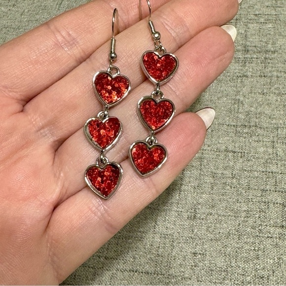 Red Heart Trio Glittery Red & Silver Dangle Earrings Valentine’s Day Nwt - Picture 8 of 8